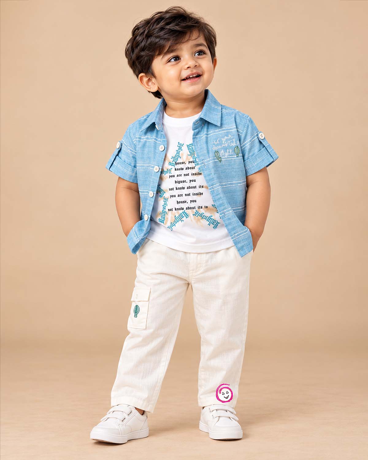 shirt and pant set for boys featuring button-down collar and cargo pockets