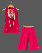Zari embroidered kids palazzo set featuring a sleeveless long jacket and pleated palazzo pants