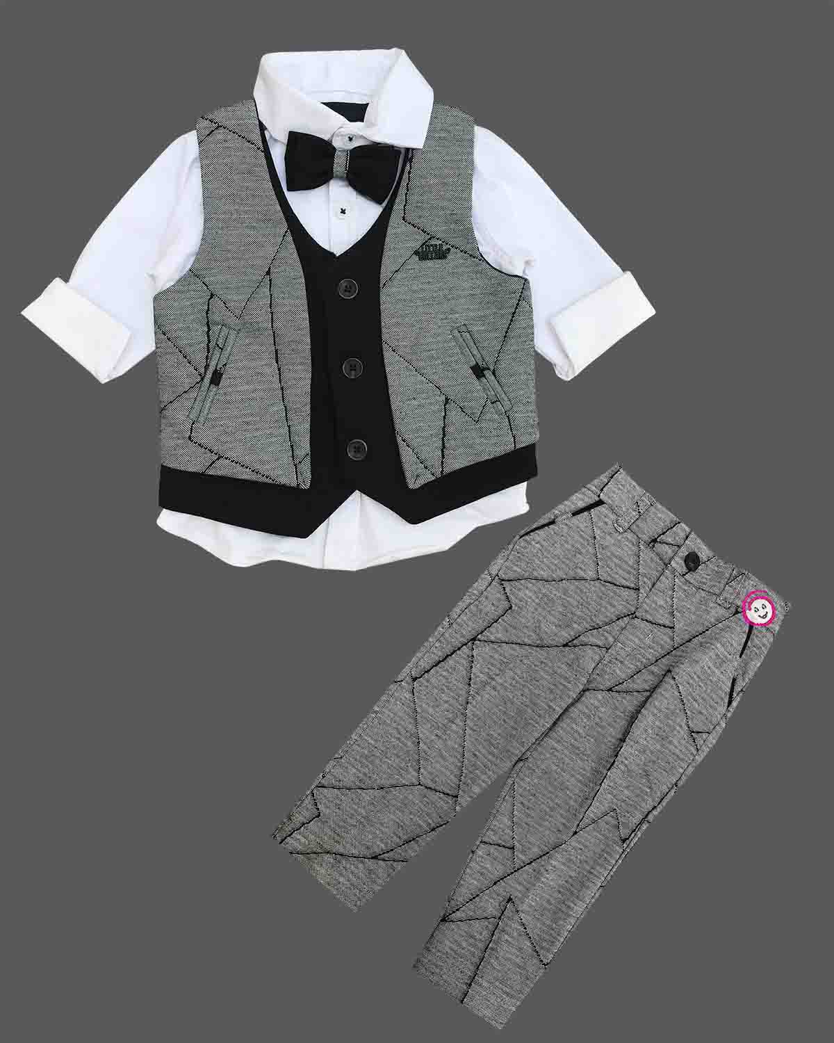 Dapper three-piece party suit for little gentleman featuring a patterned jacquard waistcoat, collared shirt with bow tie, and matching tailored pant.