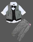 Dapper three-piece party suit for little gentleman featuring a patterned jacquard waistcoat, collared shirt with bow tie, and matching tailored pant.