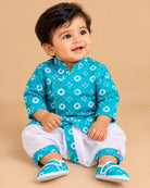 Baby boys bandhani printed angrakha kurta with elasticated dhoti pants and matching velcro booties set.