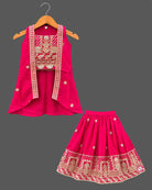 Girls embroidered choli top, flared lehenga skirt, and matching open-front sleeveless jacket.