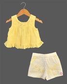 baby girl sleeveless cotton floral embroidered ruffle top with matching embroidered shorts set