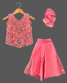 Kids sharara set featuring sleeveless hand-embroidered top, flared palazzo pants, and matching dupatta.