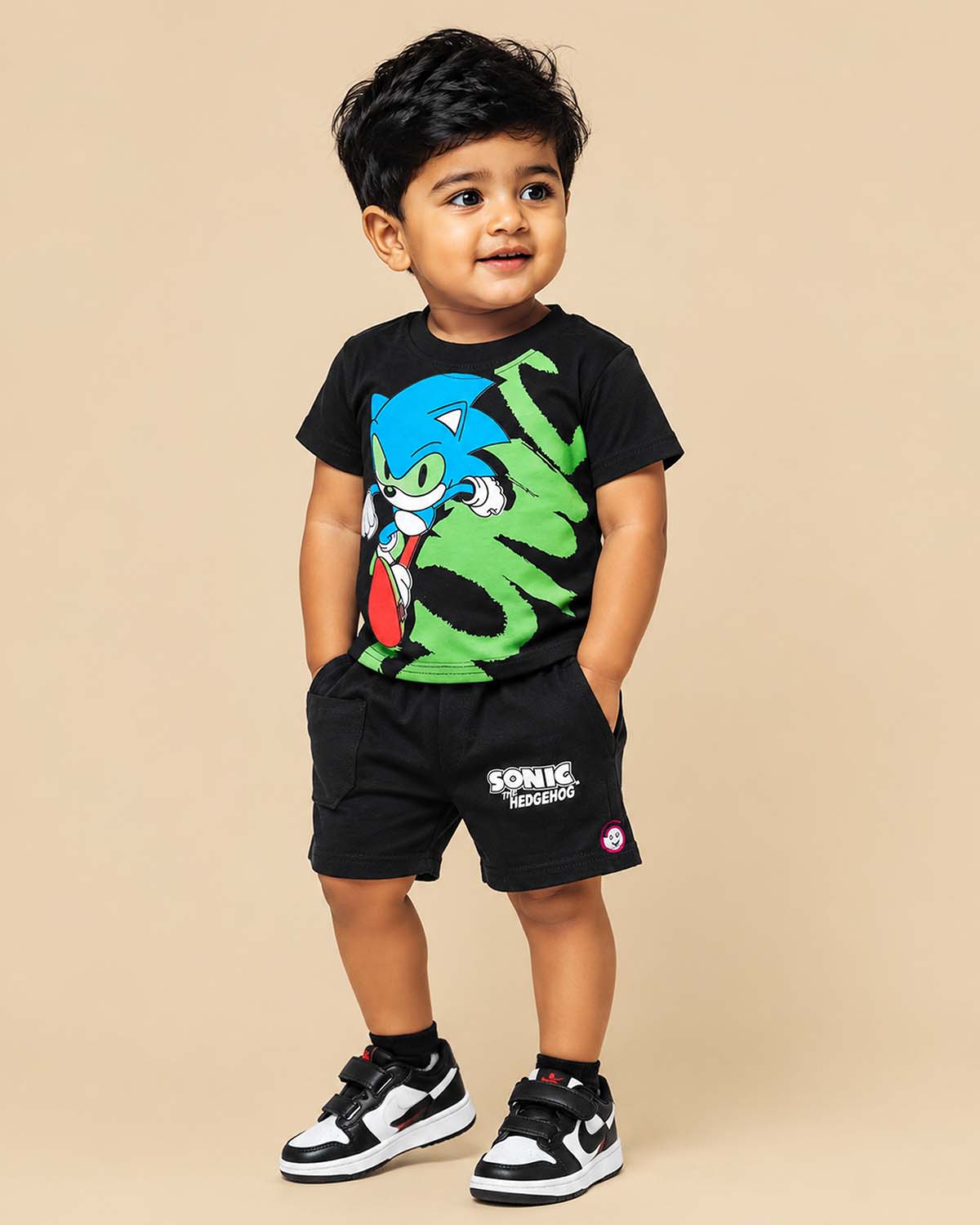 Black graphic t-shirt with Sonic printed motif and matching elasticated shorts baby boy top and shorts set for summer vacations, playdates, and park outings