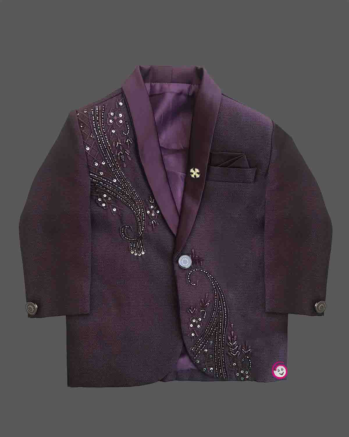 Boys deep formal tuxedo blazer with sequin embellishments, satin, bow tie, paired with elastic waist formal pant