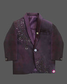 Boys deep formal tuxedo blazer with sequin embellishments, satin, bow tie, paired with elastic waist formal pant