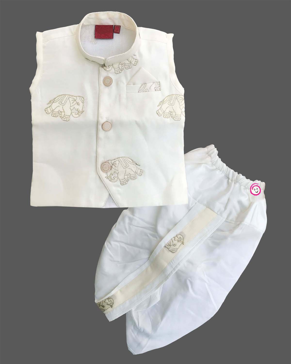 Boys off-white silk ethnic kurta jacket with gold elephant embroidery and mandarin collar paired with matching elastic waist dhoti pant