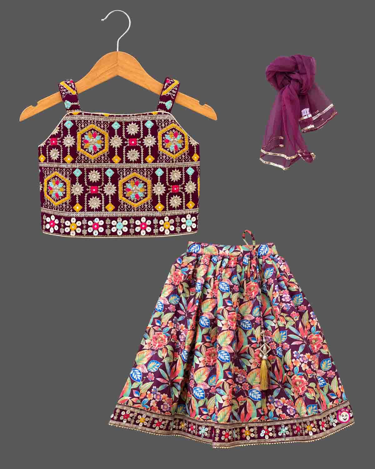 Geometric zari embroidered choli  langa for kids set featuring mirror work choli and printed skirt