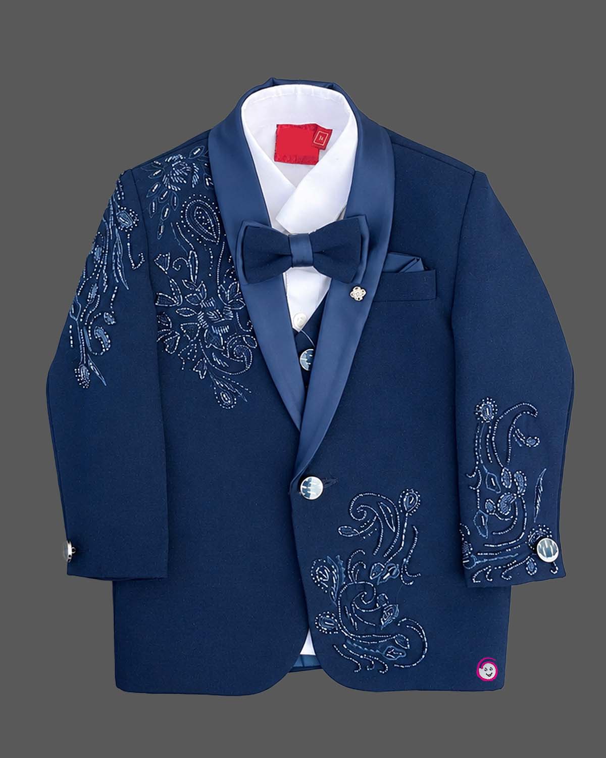 Boys paisley beaded tuxedo suit set with satin shawl collar blazer, waistcoat, bowtie, and dress pant for events.