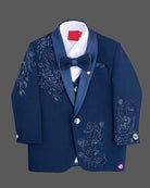 Boys paisley beaded tuxedo suit set with satin shawl collar blazer, waistcoat, bowtie, and dress pant for events.