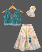 Girls sleeveless botanical embroidered lehenga choli for kids with pleated skirt and net dupatta