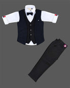 Boys textured jacquard waistcoat suit set with shirt, bow tie, and pant for formal events.