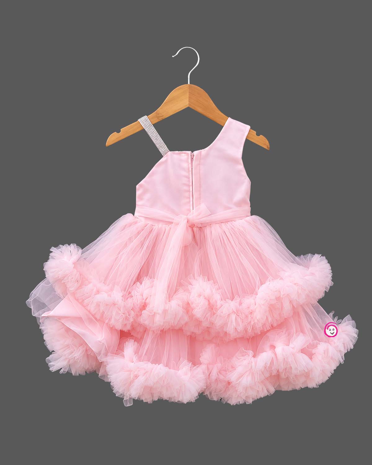 Sequin high-low tiered ruffle gown baby party wear dress featuring asymmetrical strap and front bow