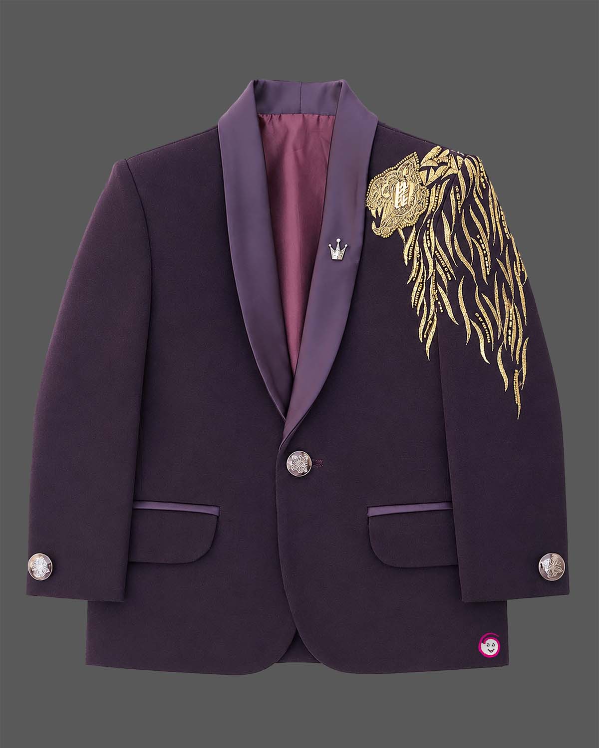 Boys wine designer tuxedo suit set featuring a shawl collar blazer with intricate gold shoulder embroidery, shirt, waistcoat, tie, and matching formal pant