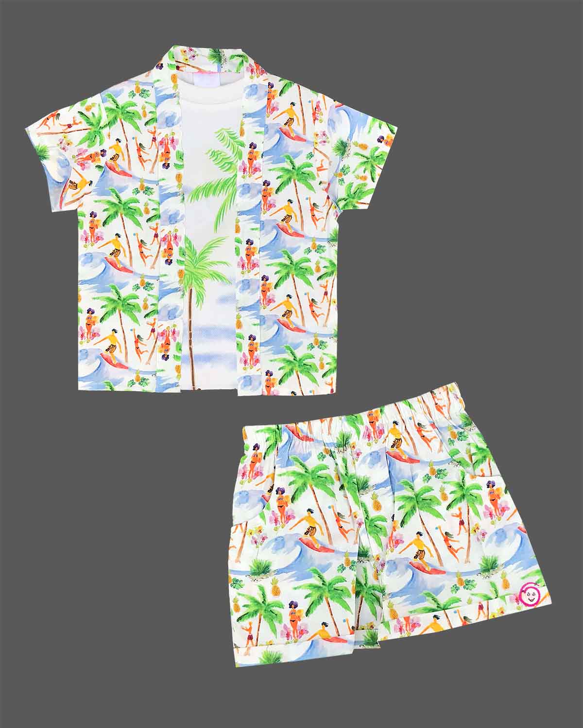 Vibrant tropical beach print muslin open-front shirt and matching shorts set featuring palm trees and surfer motifs for baby boys and toddler summer vacation wear