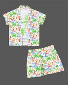 Vibrant tropical beach print muslin open-front shirt and matching shorts set featuring palm trees and surfer motifs for baby boys and toddler summer vacation wear