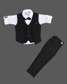 Boys textured layered waistcoat suit set with shirt, bow tie, sleeve roll-up tabs, and pant.
