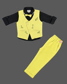 Boys printed waistcoat suit set with shirt, bow tie, and trousers for special occasions.