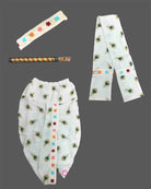 Baby boy feather print cotton Krishna costume with dhoti stole floral headband and flute for Janmashtami