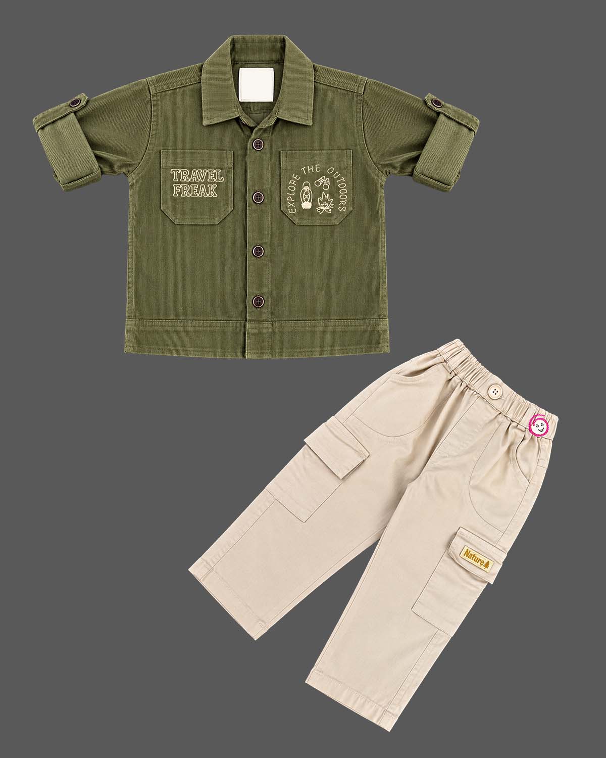 Kids cargo pants set featuring a button-down collar and utility pockets for everyday wear.