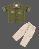 Kids cargo pants set featuring a button-down collar and utility pockets for everyday wear.