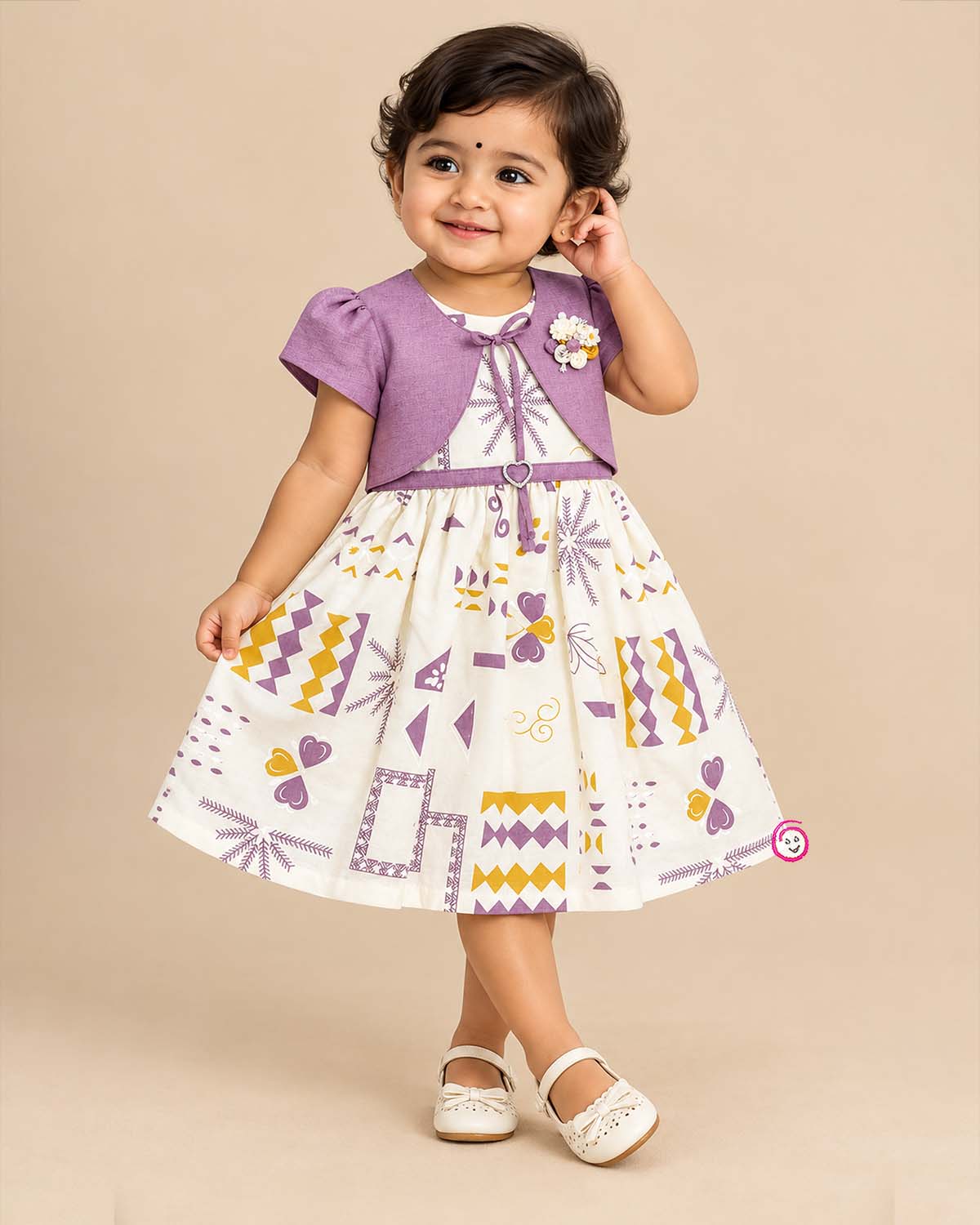Little girl purple and off-white printed cotton casual frock with attached short sleeve jacket and floral brooch