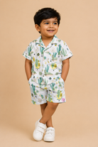 Stylish junior menswear botanical print short sleeve shirt and comfortable shorts set