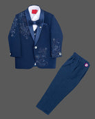 Boys paisley beaded tuxedo suit set with satin shawl collar blazer, waistcoat, bowtie, and dress pant for events.