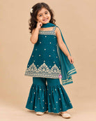 Embroidered tunic kids sharara set with square neckline, tiered flared pants, and sheer dupatta
