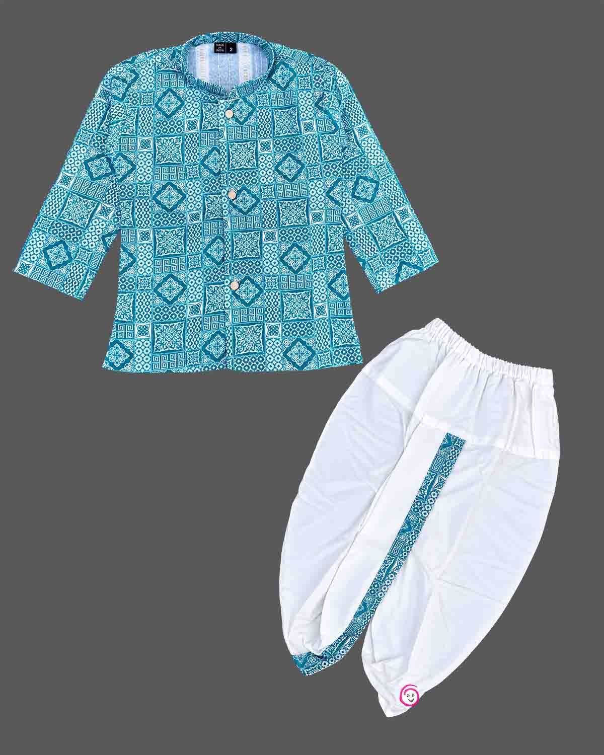 Baby boy geometric printed cotton kurta with mandarin collar and matching elasticated dhoti bottoms
