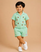 Baby boy embroidered textured cotton short sleeve button-down shirt with matching shorts set for everyday playwear