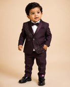 Boys deep formal tuxedo blazer with sequin embellishments, satin, bow tie, paired with elastic waist formal pant