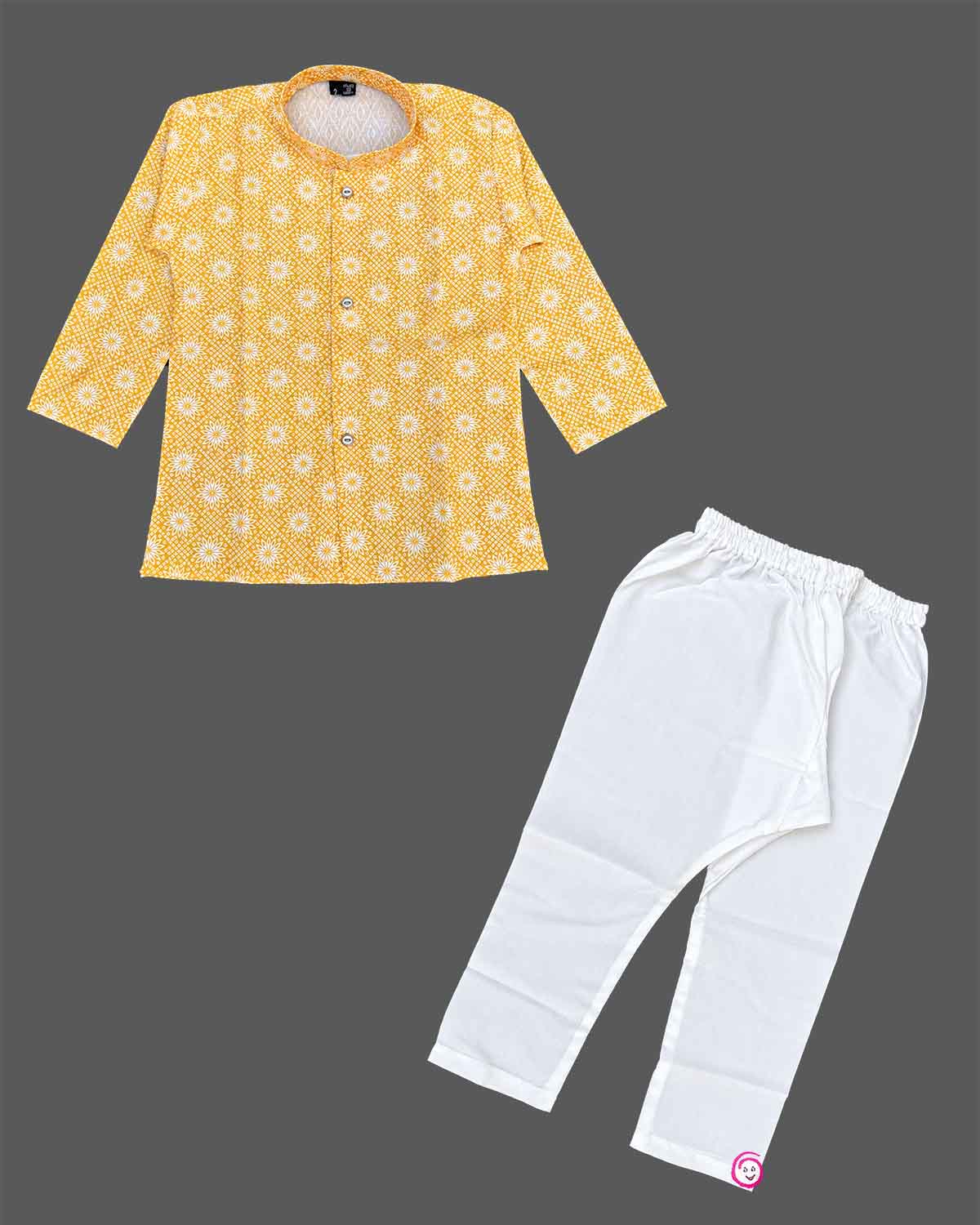 Baby boy printed ethnic kurta and dhoti pant set with mandarin collar and front placket buttons for pooja celebrations.