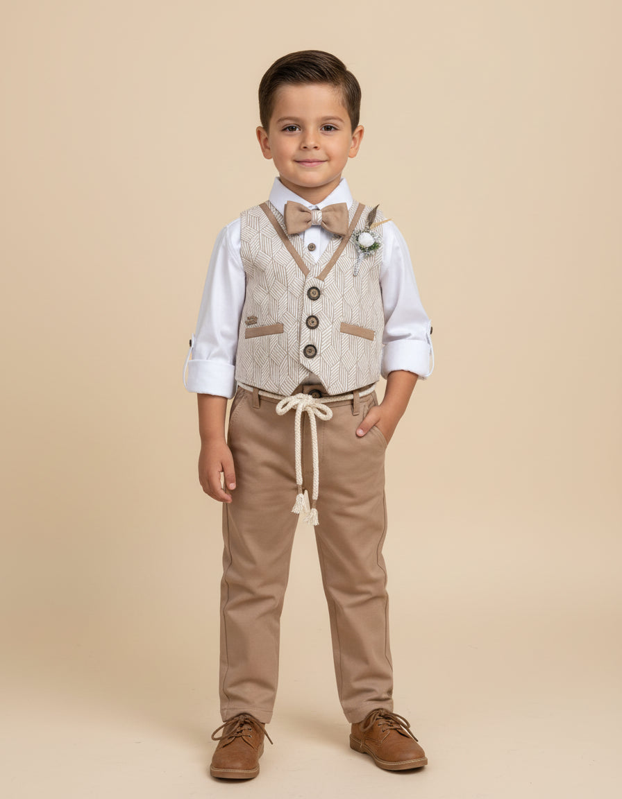 AI-generated image for Boys elegant bow with waistcoat set - Beige