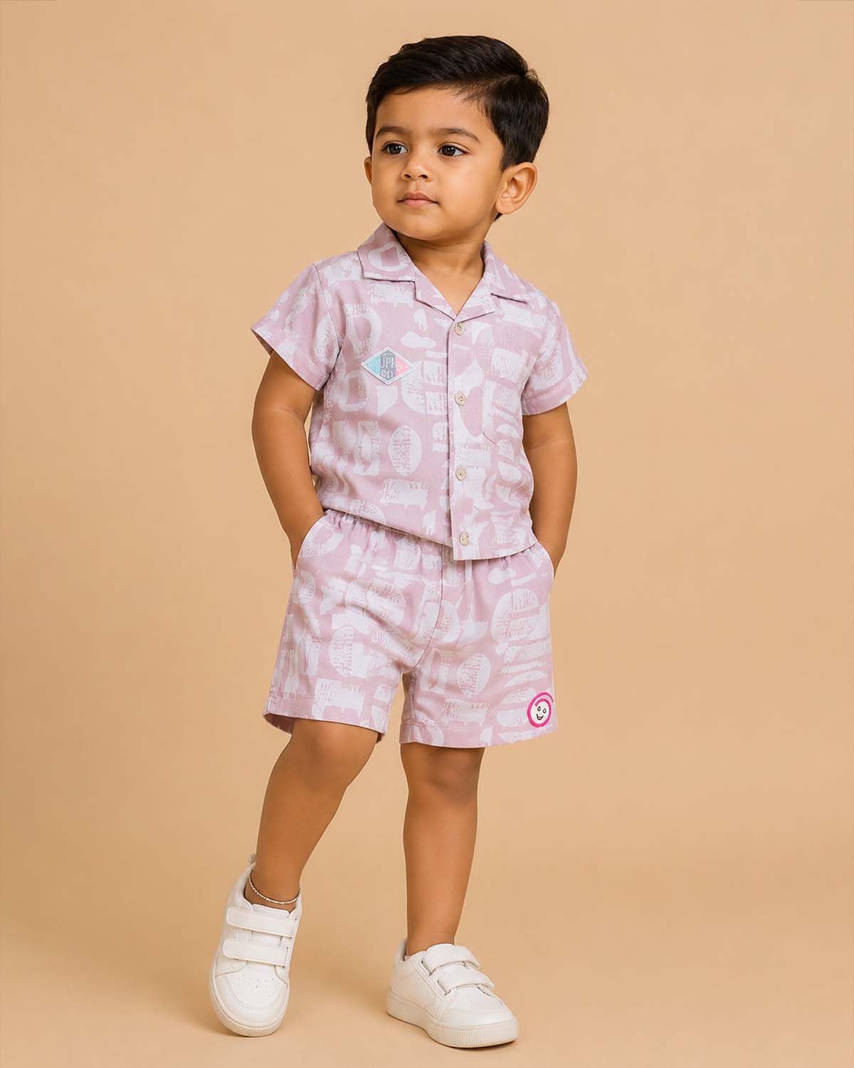 Mauve printed cotton button-down shirt with matching elasticated shorts baby boy top and shorts set for summer vacations, playdates, and park outings