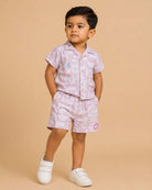 Mauve printed cotton button-down shirt with matching elasticated shorts baby boy top and shorts set for summer vacations, playdates, and park outings
