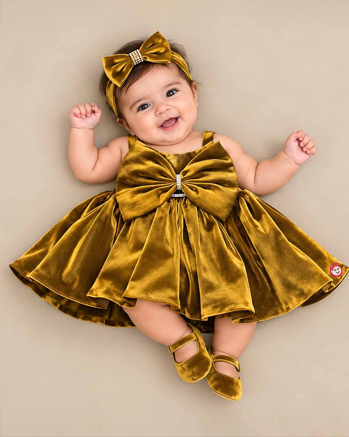 Mustard gold satin party frock for girls featuring an oversized front bow with rhinestone embellishment and flared pleats.