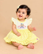 Yellow striped and polka dot infants frock with frill sleeve and kitty applique