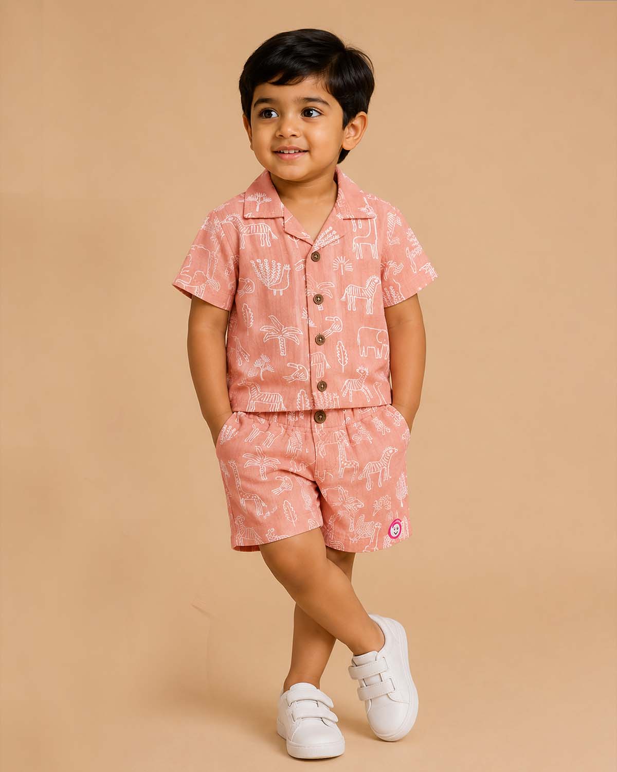 Dusty rose safari animal printed cotton muslin boys top and shorts set for summer vacations, playdates, and park outings