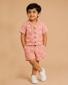 Dusty rose safari animal printed cotton muslin boys top and shorts set for summer vacations, playdates, and park outings