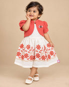Little princess cream and rust orange floral embroidered cotton frock with short puff sleeve jacket for girls