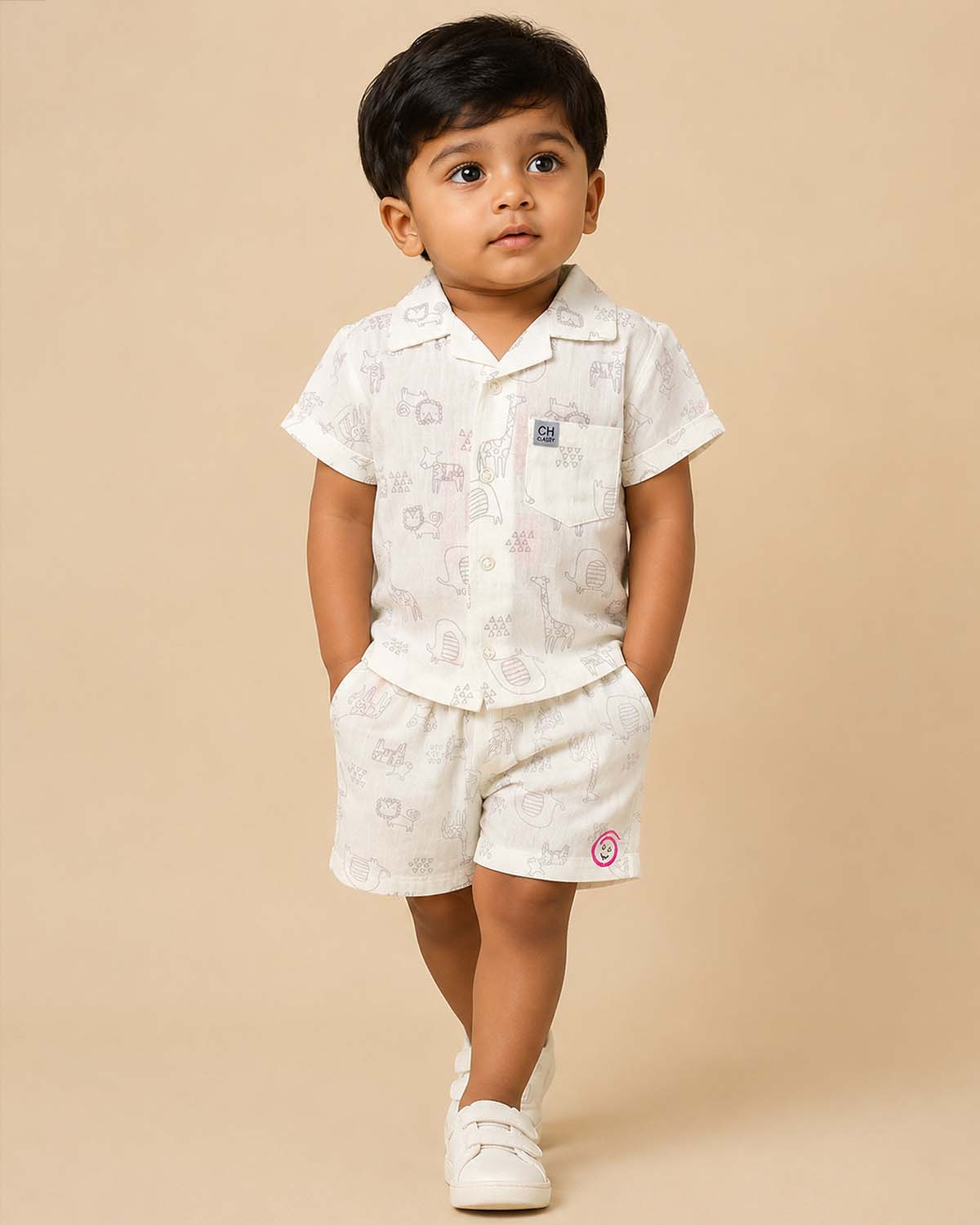 White safari animal doodle print baby boy top and shorts set for summer vacations, playdates, and park outings