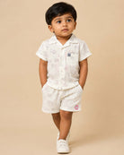 White safari animal doodle print baby boy top and shorts set for summer vacations, playdates, and park outings