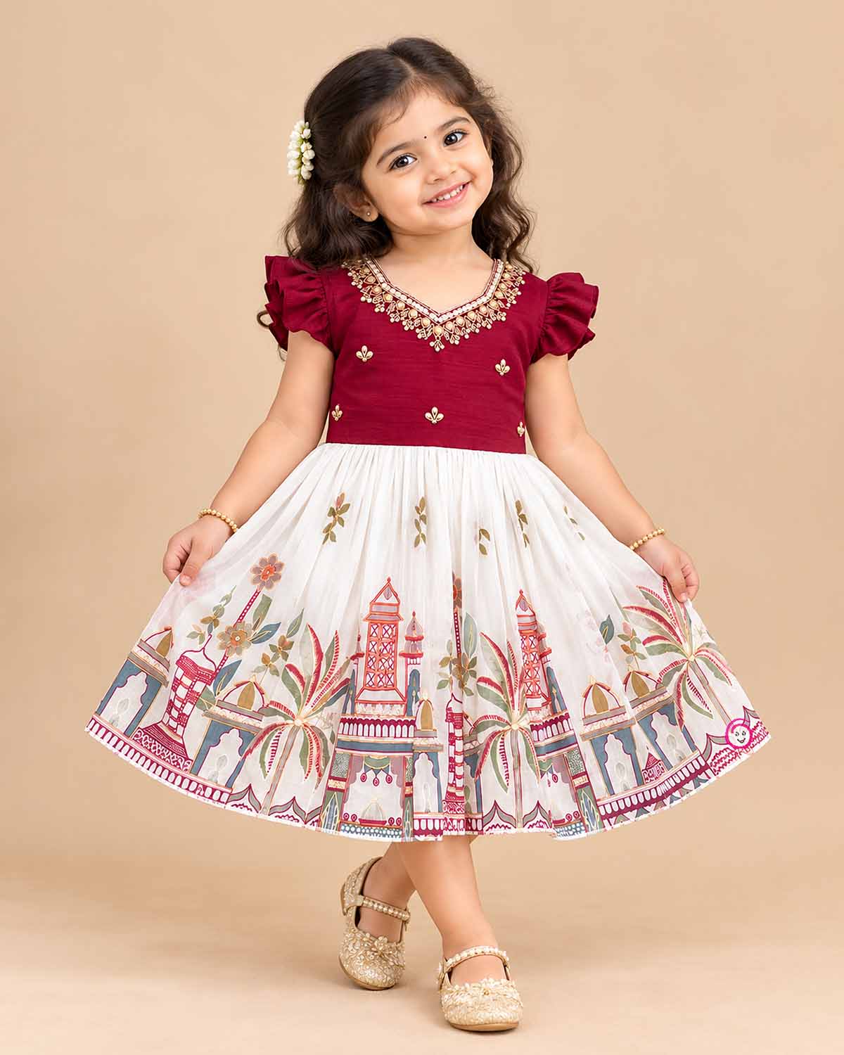 Silk frocks for baby girl with pearl beaded V-neck, flutter sleeves and printed gathered skirt on hanger