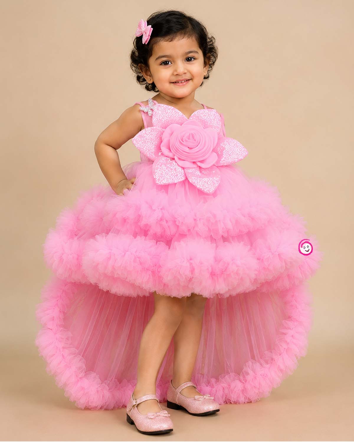 Girls fashion partywear frock with flower detail for birthday, wedding, and reception functions