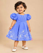 Girls powder blue puff sleeve cotton casual frock with white floral border print