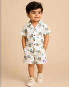 Two piece printed muslin shirt and shorts set for toddler boys daily apparel