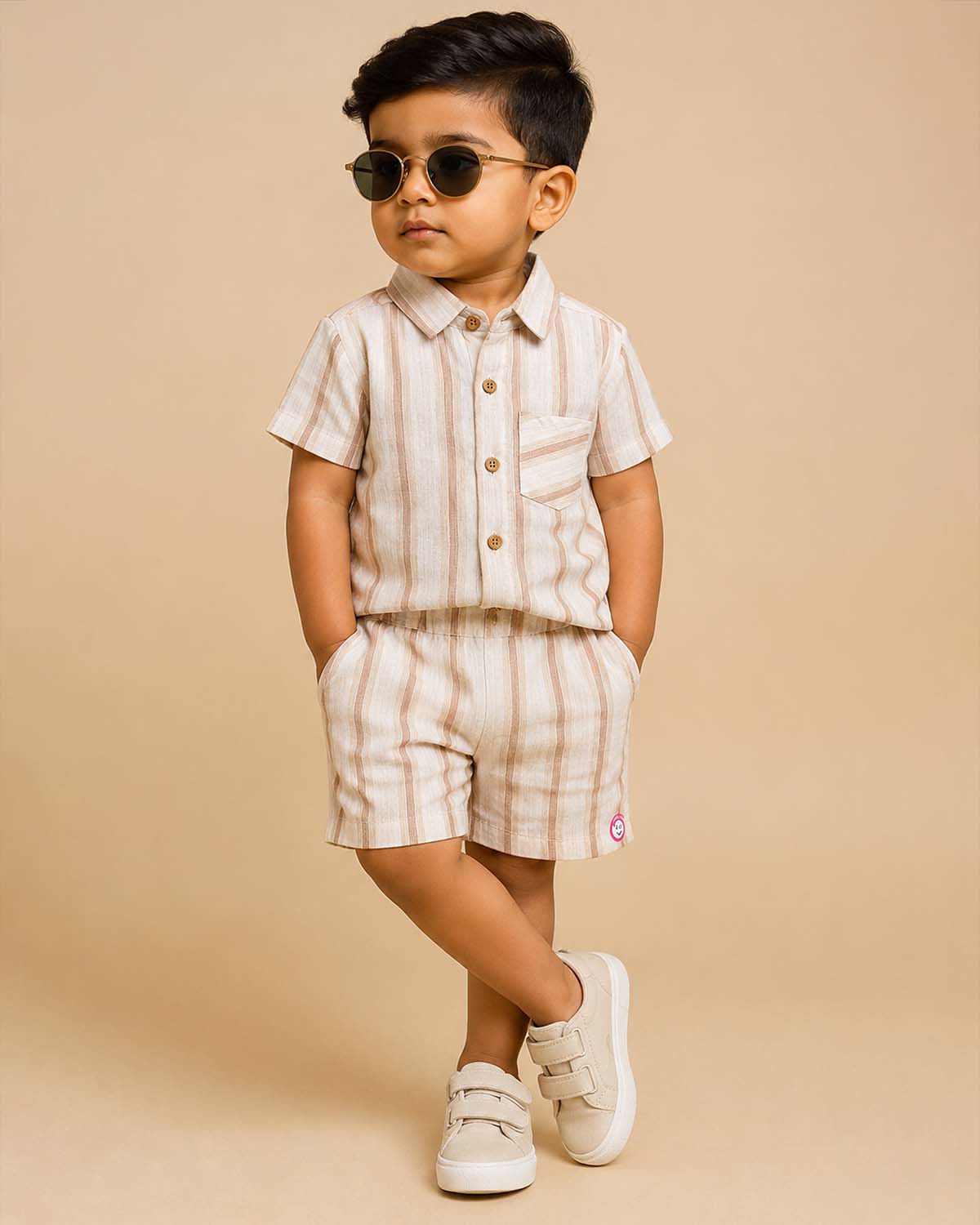 Classy short sleeve striped shirt and matching shorts set for young boys