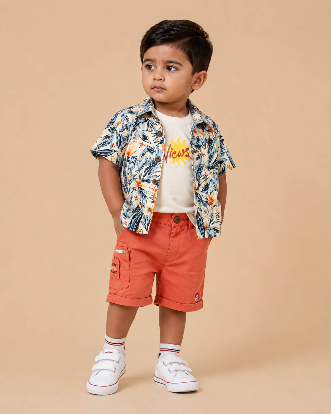 Toddler Boys Tropical Printed Short Sleeve Shirt with Matching Elastic Utility Shorts